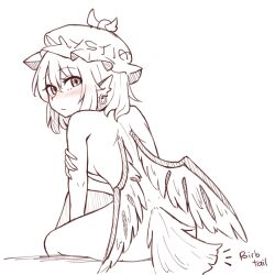 Rule 34 | 1girl, animal ears, ass, bird ears, bird tail, bird wings, blush, closed mouth, earrings, english text, from behind, hair between eyes, hat, jewelry, monochrome, mystia lorelei, short hair, simple background, single earring, sitting, solo, tail, touhou, white background, winged hat, wings, wool (miwol)