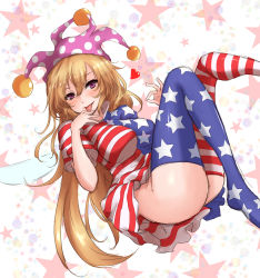 Rule 34 | 1girl, absurdres, alternate legwear, amagi (amagi626), american flag dress, american flag legwear, ass, blonde hair, blush, breasts, clownpiece, come hither, dress, fairy wings, hat, heart, highres, jester cap, large breasts, long hair, looking at viewer, naughty face, no panties, ok sign, aged up, polka dot, purple eyes, short dress, short sleeves, sketch, smile, solo, star (symbol), star print, striped, thighhighs, tongue, tongue out, touhou, wings