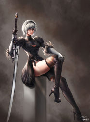 Rule 34 | 1girl, absurdres, android, boots, breasts, cleavage, cleavage cutout, clothing cutout, elbow gloves, fur trim, gloves, hair over one eye, hairband, high heel boots, high heels, highres, legs, lips, looking at viewer, medium breasts, mole, mole under mouth, nier (series), nier:automata, short hair, grey eyes, silver hair, sitting, solo, sword, thighhighs, weapon, 2b (nier:automata)