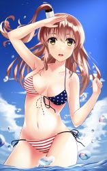 Rule 34 | 10s, 1girl, american flag bikini, bad id, bad pixiv id, bare shoulders, bikini, blue sky, breasts, brown eyes, brown hair, cleavage, collarbone, day, flag print, front-tie top, hand on forehead, highres, kantai collection, long hair, looking at viewer, matching hair/eyes, medium breasts, navel, open mouth, rko (a470350510), saratoga (kancolle), side-tie bikini bottom, skindentation, sky, solo, string bikini, swimsuit, wading, water drop