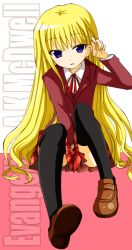Rule 34 | 1girl, bad id, bad pixiv id, blonde hair, blue eyes, character name, covering privates, covering crotch, evangeline a.k. mcdowell, female focus, kiiro, long hair, mahou sensei negima!, mary janes, school uniform, shoes, skirt, solo, thighhighs, uniform, very long hair, white background