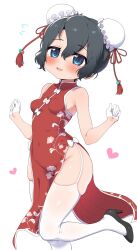 Rule 34 | 1girl, bare shoulders, black hair, blue eyes, blush, breasts, china dress, chinese clothes, dress, garter straps, gloves, high heels, highres, kaban (kemono friends), kemono friends, looking at viewer, open mouth, ransusan, short hair, simple background, small breasts, smile, solo, thighhighs, white background, white gloves, white thighhighs