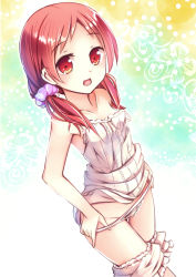Rule 34 | 1girl, :d, bare shoulders, bloomers, bloomers pull, gochuumon wa usagi desu ka?, hair ornament, hair scrunchie, long hair, low twintails, md5 mismatch, natsu megumi, open mouth, panties, panty pull, pulled by self, red eyes, red hair, scrunchie, smile, solo, twintails, underwear, undressing, white panties, yan (nicknikg)