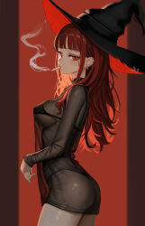 1girl ass bikini black_bikini black_collar black_hat black_shirt breasts cigarette collar commentary cowboy_shot ear_piercing earrings english_commentary from_side hat highres jewelry large_breasts long_hair long_sleeves looking_at_viewer micro_bikini mouth_hold multiple_piercings original piercing red_eyes red_hair see-through_clothes see-through_shirt shirt smoke smoking solo spiked_collar spikes standing swimsuit thong_bikini witch_hat yan_kodiac