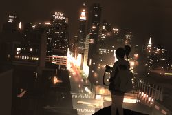Rule 34 | 1girl, bag, building, camera, city, cityscape, commentary, landscape, looking away, new york, night, original, outdoors, rooftop, scenery, sketch, sky, skyscraper, snatti, solo, twintails, urban