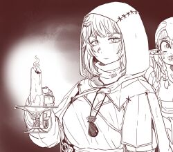 Rule 34 | 2girls, absurdres, afterimage, alternate universe, blush, braid, breasts, candle, candlelight, candlestand, capelet, clenched teeth, commentary request, dungeon meshi, elf, falin touden, falin touden (tallman), feet out of frame, gloves, hand up, heuggu, highres, holding, holding staff, hood, hood up, hooded capelet, key, korean commentary, large breasts, long hair, long sleeves, looking at viewer, marcille donato, medium breasts, monochrome, multiple girls, pointy ears, pouch, red theme, scared, scarf, short hair, side braid, sketch, solo focus, staff, teeth, upper body