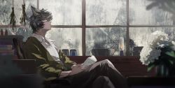 Rule 34 | 1boy, animal ears, black pants, blurry, blurry foreground, book, chair, collared shirt, commentary request, crossed legs, erune, flower, granblue fantasy, green jacket, grey hair, holding, holding book, hydrangea, indoors, jacket, jar, looking away, mortar (bowl), nehan (granblue fantasy), official art, pants, pestle, pile of books, plant, popped collar, potted plant, shirt, sitting, solo, swept bangs, white shirt, window