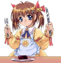 Rule 34 | 1girl, apron, bell, blue eyes, blush stickers, brown hair, flower, food, fork, hair bell, hair ornament, hairclip, knife, meme (uiroktkr), mutsuki (moonknives), non-web source, plate, short twintails, simple background, solo, source request, sunflower, table, twintails, uirou (food), wagashi