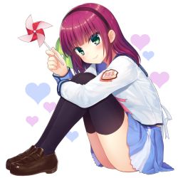Rule 34 | 1girl, angel beats!, black thighhighs, blue skirt, blunt bangs, blush, bow, brown footwear, commentary request, emblem, from side, full body, green eyes, green ribbon, hair bow, hair ribbon, hairband, heart, heart background, hugging own legs, knees up, loafers, long sleeves, looking at viewer, looking to the side, medium hair, nakamura hinato, pink lips, pinwheel, pleated skirt, purple hair, purple hairband, ribbon, school uniform, serafuku, shinda sekai sensen uniform, shoes, skirt, smile, solo, thighhighs, white background, nakamura yuri