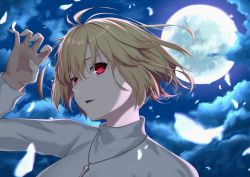 Rule 34 | 1girl, absurdres, antenna hair, arcueid brunestud, arm up, backlighting, blonde hair, breasts, claw pose, fingernails, highres, jewelry, looking at viewer, moon, moonlight, necklace, night, outdoors, parted lips, portrait, red eyes, sharp fingernails, solo, sou skate714, sweater, tsukihime, tsukihime (remake), turtleneck, turtleneck sweater, white sweater, wind