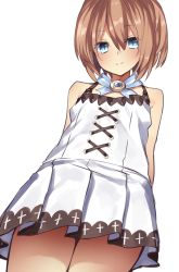 Rule 34 | 1girl, arms behind back, bare shoulders, blanc (neptunia), blue eyes, brown hair, buran buta, cowboy shot, dress, highres, looking at viewer, neptune (series), short hair, simple background, smile, solo, spaghetti strap, white background, white dress