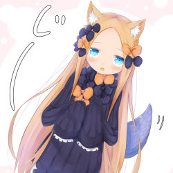 Rule 34 | 1girl, :o, abigail williams (fate), animal ear fluff, animal ears, black bow, black dress, blue eyes, blush, bow, brown bow, brown hair, cat ears, commentary request, dress, dutch angle, fate/grand order, fate (series), forehead, hair bow, highres, kemonomimi mode, long hair, long sleeves, looking at viewer, multiple hair bows, no headwear, open mouth, parted bangs, polka dot, polka dot bow, sleeves past fingers, sleeves past wrists, solo, su guryu, tentacles, very long hair, white background