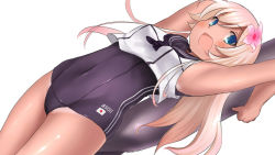 Rule 34 | 10s, 1girl, blonde hair, blue eyes, crop top, flower, gtpsl, hair flower, hair ornament, hibiscus, highres, kantai collection, long hair, lying, one-piece swimsuit, one-piece tan, open mouth, ro-500 (kancolle), sailor collar, school swimsuit, solo, swimsuit, swimsuit under clothes, tan, tanline, torpedo