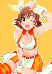 Rule 34 | 10s, 1girl, ;d, bare shoulders, blush, boots, breasts, brown eyes, brown hair, cleavage, cleavage cutout, clothing cutout, crop top, earrings, flipped hair, hair ribbon, hairband, honda mio, idolmaster, idolmaster cinderella girls, jewelry, large breasts, midriff, navel, one eye closed, open mouth, ribbon, short hair, sitting, skirt, smile, solo, star (symbol), star earrings, striped clothes, striped thighhighs, thighhighs, tokita arumi, wariza