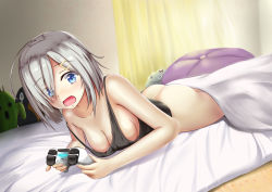 Rule 34 | 10s, 1girl, absurdres, ashfair, ass, bare shoulders, bed, bed sheet, blue eyes, bottomless, breasts, cleavage, collarbone, controller, curtains, embarrassed, eyes visible through hair, fingernails, game controller, hair ornament, hair over one eye, hairclip, hamakaze (kancolle), highres, holding, indoors, kantai collection, long fingernails, looking at viewer, lying, medium breasts, nail polish, no bra, no panties, on bed, on stomach, open mouth, pink nails, playing games, short hair, silver hair, sleeveless, solo, strap slip, stuffed animal, stuffed penguin, stuffed toy, tank top