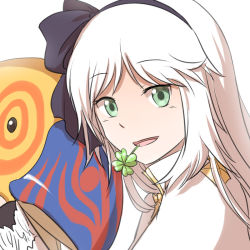 Rule 34 | 1girl, :d, arch bishop (ragnarok online), bird, black bow, black hairband, bow, bow hairband, clover, commentary request, dress, four-leaf clover, green eyes, hairband, long hair, looking at viewer, looking to the side, mouth hold, natsuya (kuttuki), open mouth, peco peco, ragnarok online, simple background, smile, stalk in mouth, swept bangs, upper body, white background, white dress, white hair