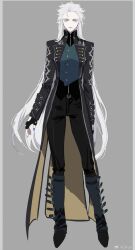 Rule 34 | 1girl, black gloves, blue coat, blue eyes, breasts, closed mouth, coat, devil may cry (series), devil may cry 5, fingerless gloves, genderswap, genderswap (mtf), gloves, hair slicked back, highres, long hair, looking at viewer, pale skin, small breasts, solo, vergil (devil may cry), very long hair, white hair