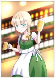 Rule 34 | 1girl, alcohol, apron, beer, beer mug, blonde hair, blouse, blue eyes, blunt bangs, blurry, blurry background, braid, commentary request, cowboy shot, cup, dirndl, dress, german clothes, green dress, hair over shoulder, highres, holding, kantai collection, long hair, looking at viewer, mug, shin&#039;you (kancolle), shirt, short sleeves, single braid, solo, tamana hiroyoshi, waist apron, waitress, white apron, white shirt
