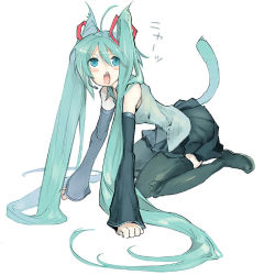 Rule 34 | 1girl, all fours, animal ears, black thighhighs, blue eyes, blue hair, blush, cat ears, cat tail, chachie, detached sleeves, hatsune miku, headset, kneeling, long hair, matching hair/eyes, open mouth, skirt, solo, tail, thighhighs, twintails, very long hair, vocaloid