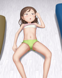 Rule 34 | 1girl, absurdres, bare legs, bra, brown eyes, brown hair, clothes lift, feet out of frame, female focus, flat chest, green shorts, highres, holding, holding phone, lying, navel, on back, on floor, original, paid reward available, parted lips, phone, pink shirt, sc naru, shirt, shirt lift, short hair, short shorts, shorts, sleeveless, sleeveless shirt, solo, spread legs, thighs, underwear, white bra, wooden floor