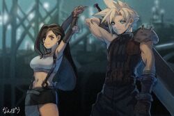 Rule 34 | 1boy, 1girl, arm up, armor, armpits, arms up, black hair, black skirt, black sleeves, blonde hair, blue eyes, blurry, blurry background, breasts, buster sword, closed mouth, cloud strife, cowboy shot, crop top, detached sleeves, earrings, elbow pads, final fantasy, final fantasy vii, fingerless gloves, gloves, hair behind ear, highres, holding, holding sword, holding weapon, jewelry, large breasts, long hair, low-tied long hair, midriff, miniskirt, nanpou (nanpou0021), navel, outstretched arms, red eyes, red gloves, short hair, shoulder armor, signature, single bare shoulder, single earring, single elbow pad, single sidelock, skirt, sleeveless, sleeveless turtleneck, smile, spiked hair, stretching, stud earrings, suspender skirt, suspenders, sweater, swept bangs, sword, tank top, teardrop earrings, tifa lockhart, turtleneck, turtleneck sweater, weapon, white tank top