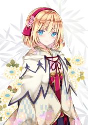 Rule 34 | 1girl, alice margatroid, alternate costume, blonde hair, blue eyes, blush, capelet, closed mouth, commentary request, floral background, floral print, flower, flower request, grey kimono, hair between eyes, hairband, highres, japanese clothes, kimono, light smile, looking at viewer, nanase nao, pink flower, red hairband, red ribbon, red sash, ribbon, sash, short hair, sleeves past fingers, sleeves past wrists, solo, standing, tassel, touhou, unmoving pattern, upper body, white background, white capelet, wide sleeves, yellow flower
