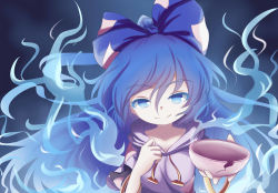 Rule 34 | 1girl, aura, bangle, blue background, blue eyes, blue hair, bow, bowl, bracelet, colored eyelashes, curled fingers, dior-zi, drawstring, gradient background, hair bow, hand on own chest, highres, hood, hoodie, jewelry, long sleeves, looking at viewer, outstretched hand, ponytail, short hair, smile, solo, touhou, upper body, yorigami shion