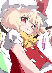Rule 34 | 1girl, :3, bad id, bad pixiv id, blonde hair, bow, bowtie, buttons, female focus, flandre scarlet, hat, hat bow, hikimayu, kamiyama aya, light smile, looking at viewer, looking down, puffy sleeves, red eyes, short sleeves, simple background, solo, touhou, upper body, white background, wings