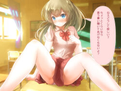 Rule 34 | 1girl, blue eyes, blush, bow, bowtie, chalkboard, classroom, desk, female focus, indoors, japanese text, long hair, looking at viewer, on desk, original, red bow, red bowtie, red skirt, school uniform, serafuku, sitting, skirt, smile, solo, tachiinu, translation request, window