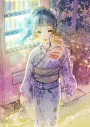 Rule 34 | 1girl, artist name, black hair, blue hair, bush, can, carrying bag, coffee, crying, crying with eyes open, drawstring bag, drink, floral print, flower, gradient eyes, grass, grey eyes, hair flower, hair ornament, hanasaki taru, highres, holding, holding can, japanese clothes, kimono, light particles, lips, looking at viewer, multicolored eyes, obi, official art, original, outdoors, painting (medium), pavement, plant, pouch, sash, standing, tears, traditional media, vending machine, watercolor (medium), white kimono, wide sleeves, yukata