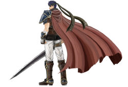Rule 34 | 1boy, armor, bandages, blue eyes, blue hair, boots, cape, fingerless gloves, fire emblem, fire emblem: radiant dawn, gloves, headband, highres, huge weapon, ike (fire emblem), jack (kairuhaido), looking back, male focus, matching hair/eyes, muscular, nintendo, pants, serious, simple background, solo, sword, traditional media, weapon, white background