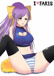 Rule 34 | 1990s (style), 1girl, blush, breasts, cleavage, cleavage cutout, clothing cutout, covered erect nipples, faris scherwiz, female focus, final fantasy, final fantasy v, green eyes, long hair, midriff, miniskirt, panties, pantyshot, ponytail, purple hair, retro artstyle, ribbon, sitting, skirt, solo, spread legs, striped clothes, striped panties, tank top, thighhighs, troyd, underwear, upskirt, white background, yellow ribbon