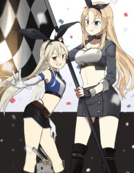 Rule 34 | 2girls, alternate costume, annin musou, bad id, bad twitter id, black footwear, black gloves, black hairband, black panties, blonde hair, blue eyes, blush, boots, breasts, checkered flag, cleavage, confetti, cropped jacket, elbow gloves, fingerless gloves, flag, gloves, grin, hairband, highleg, highleg panties, holding, jacket, kantai collection, knee boots, large breasts, long hair, long sleeves, midriff, multiple girls, nelson (kancolle), panties, pencil skirt, race queen, rensouhou-chan, shimakaze (kancolle), skirt, sleeveless, small breasts, smile, underwear, w, white gloves