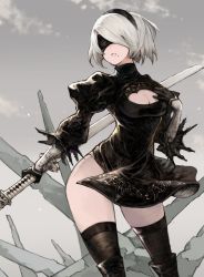 Rule 34 | 1girl, 2boys, black blindfold, black gloves, black hairband, black thighhighs, blindfold, boots, breasts, chobi (sakuyasakuhana), cleavage, cleavage cutout, clothing cutout, cloud, feather trim, gloves, grey sky, hairband, highres, holding, holding sword, holding weapon, knee boots, mole, mole under mouth, multiple boys, nier (series), nier:automata, parted lips, puffy sleeves, scabbard, sheath, sheathed, short hair, silver hair, sky, standing, sword, thighhighs, turtleneck, weapon, 2b (nier:automata)