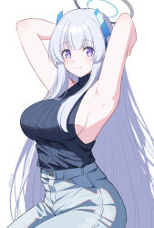 Rule 34 | 1girl, alternate costume, armpits, arms behind head, arms up, black sweater, blue archive, blue pants, breasts, closed mouth, commentary request, denim, grey hair, halo, highres, jeans, large breasts, long hair, looking at viewer, noa (blue archive), pants, purple eyes, reia 76, ribbed sweater, sideboob, sidelocks, simple background, sleeveless, sleeveless sweater, sleeveless turtleneck, smile, solo, sweater, turtleneck, very long hair, white background