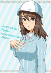 Rule 34 | 1girl, absurdres, ada badguy, blush, breasts, brown eyes, brown hair, character name, dated, girls und panzer, hat, highres, looking at viewer, medium breasts, medium hair, mika (girls und panzer), open mouth, shirt, simple background, smile, solo, striped background, striped clothes, striped shirt, upper body