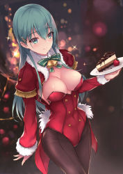 Rule 34 | 1girl, alternate costume, aqua eyes, aqua hair, bell, blurry, blurry background, breasts, cake, capelet, christmas, christmas tree hair ornament, cleavage, closed mouth, cowboy shot, food, fur trim, hair between eyes, hair ornament, hairclip, highres, holding, holding plate, kantai collection, large breasts, leotard, lips, long hair, long sleeves, looking at viewer, night, pantyhose, parfaitlate, plate, red leotard, santa costume, smile, solo, suzuya (kancolle), upper body, wide hips