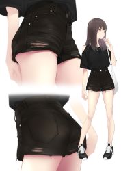 Rule 34 | 1girl, ama mitsuki, ass, bag, bare legs, bare shoulders, black footwear, black shirt, black shorts, brown eyes, brown hair, clothing cutout, commentary request, full body, high-waist shorts, jewelry, long hair, looking away, looking to the side, multiple views, necklace, original, panties, panty peek, shirt, shoes, short shorts, short sleeves, shorts, shoulder bag, shoulder cutout, simple background, sneakers, standing, underwear, upshorts, white background, white panties