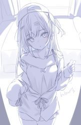 Rule 34 | 1girl, backwards hat, bare shoulders, baseball cap, blush, camisole, closed mouth, collarbone, collared shirt, commentary, dress shirt, greyscale, hair ornament, hairclip, hat, head tilt, highres, hitsukuya, long hair, long sleeves, looking at viewer, monochrome, off shoulder, open clothes, open shirt, original, shirt, short shorts, shorts, signature, sleeves past fingers, sleeves past wrists, solo, standing, strap slip