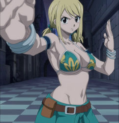 Rule 34 | 1girl, armpit peek, bikini, bikini top only, blonde hair, breasts, brown eyes, cleavage, fairy tail, fighting stance, hair ribbon, highres, large breasts, looking at viewer, low twintails, lucy heartfilia, navel, ribbon, serious, shorts, sideboob, stitched, third-party edit, toned, twintails, underboob