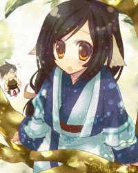 Rule 34 | 1boy, 1girl, age difference, ainu clothes, animal ears, aquaplus, blush, branch, brown eyes, dress, family, from above, full body, gradient eyes, kukonoji, kuon (utawarerumono), layered sleeves, leaf, long hair, long sleeves, looking at another, lowres, multicolored eyes, oboro (utawarerumono), open mouth, pointy ears, raised eyebrows, short hair, sidelocks, signature, sitting, sleeveless, standing, swept bangs, tree, utawarerumono, utawarerumono: itsuwari no kamen, very long hair