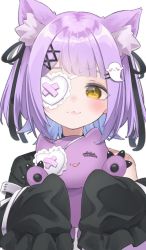 Rule 34 | 1girl, :3, animal ear fluff, animal ears, blush, cat ears, eyepatch, fang, ghost hair ornament, hair ribbon, highres, holding, holding stuffed toy, kemonomimi mode, long sleeves, looking at viewer, namaonpa, purple hair, ribbon, shinomiya runa, shinomiya runa (1st costume), simple background, skin fang, sleeves past fingers, sleeves past wrists, solo, stuffed toy, upper body, virtual youtuber, vspo!, white background, yellow eyes