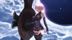 Rule 34 | 1girl, arm guards, armored boots, armored leotard, bare shoulders, black footwear, black leotard, boots, breasts, cait aron, cloud, elbow gloves, fate/grand order, fate (series), gloves, hair over one eye, highres, holding, holding shield, impossible clothes, impossible leotard, large breasts, lens flare, leotard, mash kyrielight, parted lips, petals, pink hair, purple eyes, purple gloves, shield, short hair, solo, thigh boots, thigh strap, thighhighs, v-shaped eyebrows