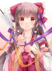 Rule 34 | 1girl, alternate costume, arrow (projectile), bell, bow, brown hair, closed mouth, commentary request, detached sleeves, flower, frilled bow, frills, hair bow, hair flower, hair ornament, hakurei reimu, hamaya, holding, holding arrow, japanese clothes, long hair, looking at viewer, miko, orange eyes, purple bow, red flower, smile, solo, touhou, very long hair, yanagise