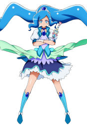 Rule 34 | 1girl, blue choker, blue eyes, blue footwear, blue hair, blue skirt, blue vest, boots, choker, closed mouth, crossed arms, cure fontaine, floating hair, full body, gloves, gunbuster pose, hair ornament, healin&#039; good precure, healing wand, heart, heart hair ornament, highres, holding, holding wand, knee boots, layered skirt, legs apart, long hair, looking at viewer, magical girl, on kazu, pegitan (precure), precure, puffy sleeves, sawaizumi chiyu, serious, shiny skin, simple background, skirt, solo, standing, very long hair, vest, wand, white background, white gloves