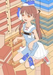 Rule 34 | 1girl, absurdres, apron, brown eyes, brown hair, dress, flat color, highres, long hair, object on head, okina ika, on head, open mouth, original, reflection, shoebox, shoes, sitting, sleeveless, solo, twintails, wariza