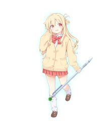 Rule 34 | 1girl, blonde hair, blush, bow, bowtie, brown footwear, cardigan, collared shirt, full body, game cg, holding, holding pen, holding weapon, kneehighs, little witch nobeta, long hair, looking at viewer, miniskirt, nobeta, non-web source, official art, open mouth, pen, red bow, red bowtie, red eyes, red skirt, school uniform, shirt, shoes, simple background, skirt, sleeves past wrists, socks, solo, standing, weapon, white shirt, white socks, yellow cardigan