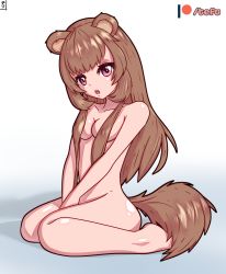 Rule 34 | 1girl, absurdres, animal ears, brown hair, hair over breasts, hands between legs, highres, kawaii tefu, looking at viewer, nude, open mouth, patreon logo, pink eyes, racoon ears, racoon tail, raphtalia, simple background, sitting, tagme, tail, tate no yuusha no nariagari