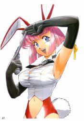 Rule 34 | 1990s (style), 1girl, animal ears, armpits, blue eyes, bra, breasts, rabbit ears, rabbit tail, bursting breasts, cleavage, elbow gloves, covered erect nipples, gloves, gun, highres, large breasts, leotard, lingerie, midriff, misty may, navel, nipples, otaku no video, pink hair, rabbit girl, shirt, short hair, solo, sonoda ken&#039;ichi, straining buttons, tail, taut clothes, taut shirt, trigger discipline, underwear, weapon