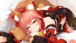 Rule 34 | 1girl, animal ears, animal hands, bare shoulders, blush, breasts, bug, butterfly, bzerox, eyebrows, fate/grand order, fate (series), fox ears, fox tail, heart, highres, insect, japanese clothes, large breasts, lying, pink hair, smile, solo, tail, tamamo (fate), tamamo cat (fate), tamamo cat (first ascension) (fate), tamamo no mae (fate/extra), yellow eyes